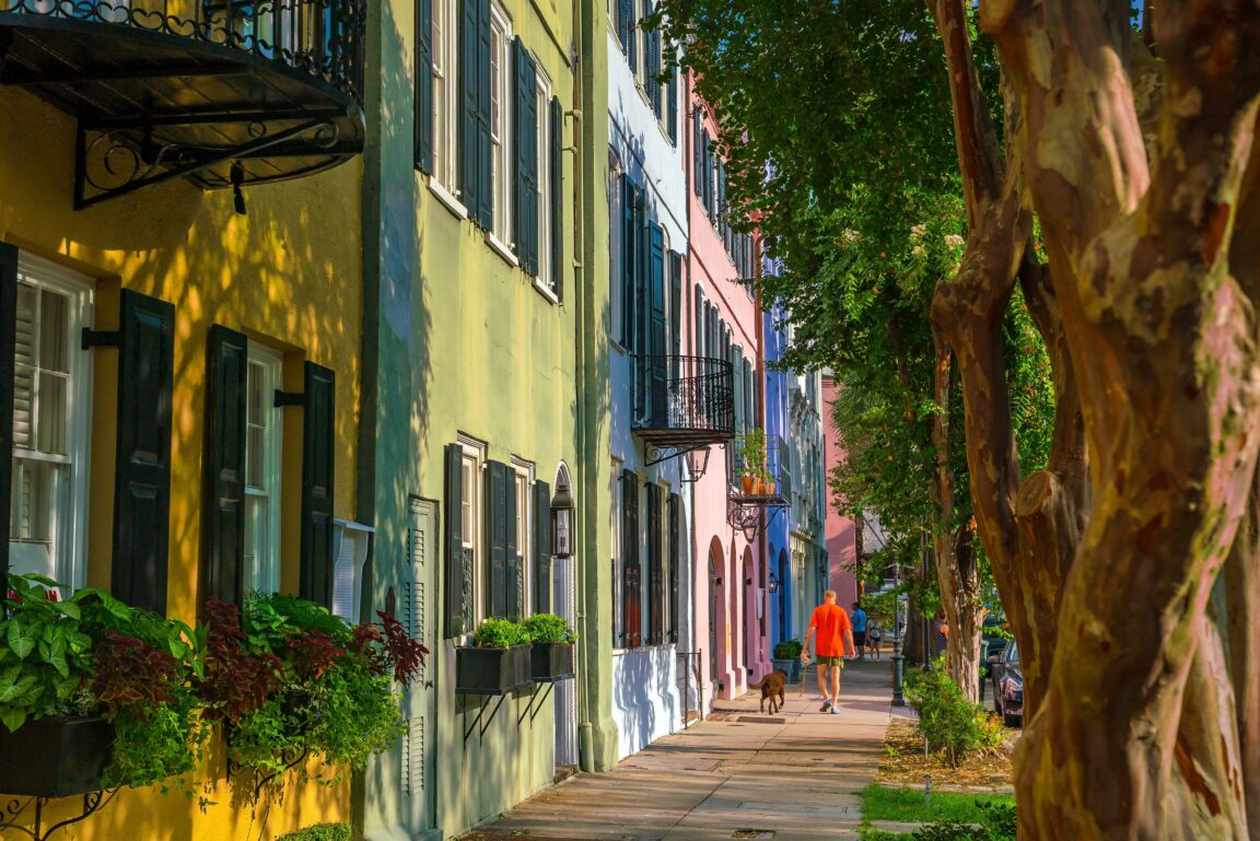 Man walks his dog on a historic downtown Charleston street on a sunny day